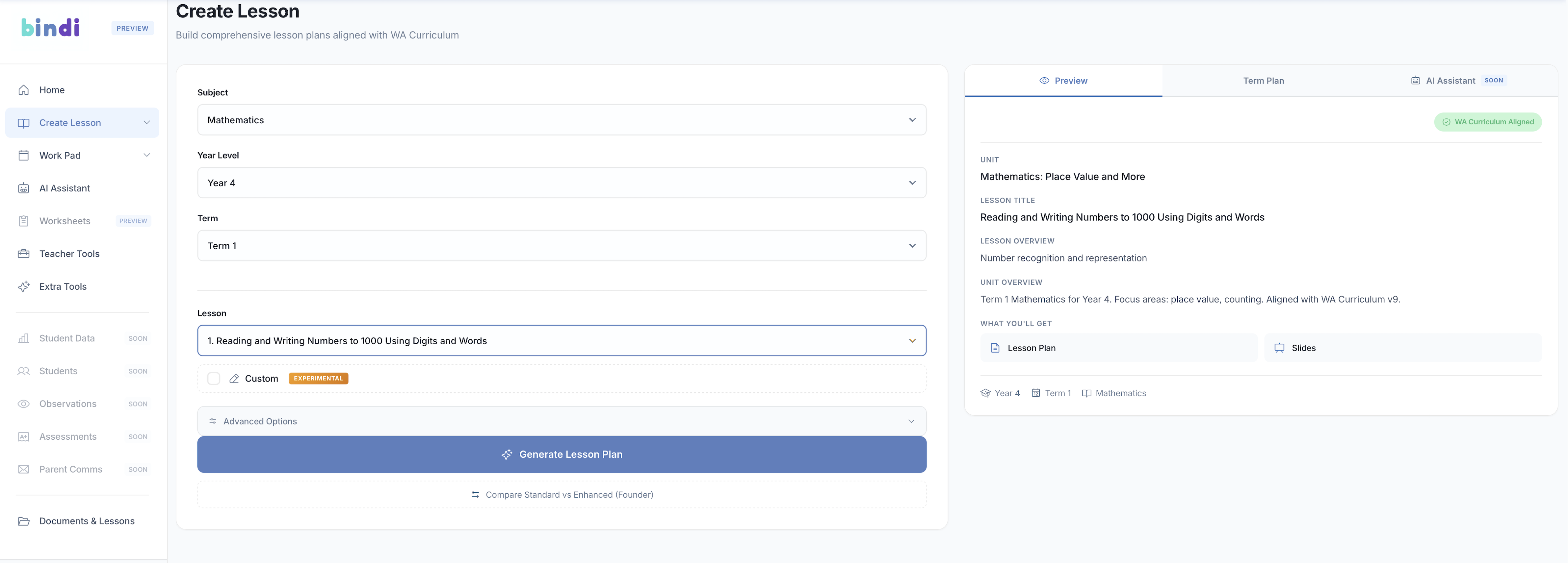 Bindi AI lesson creation interface